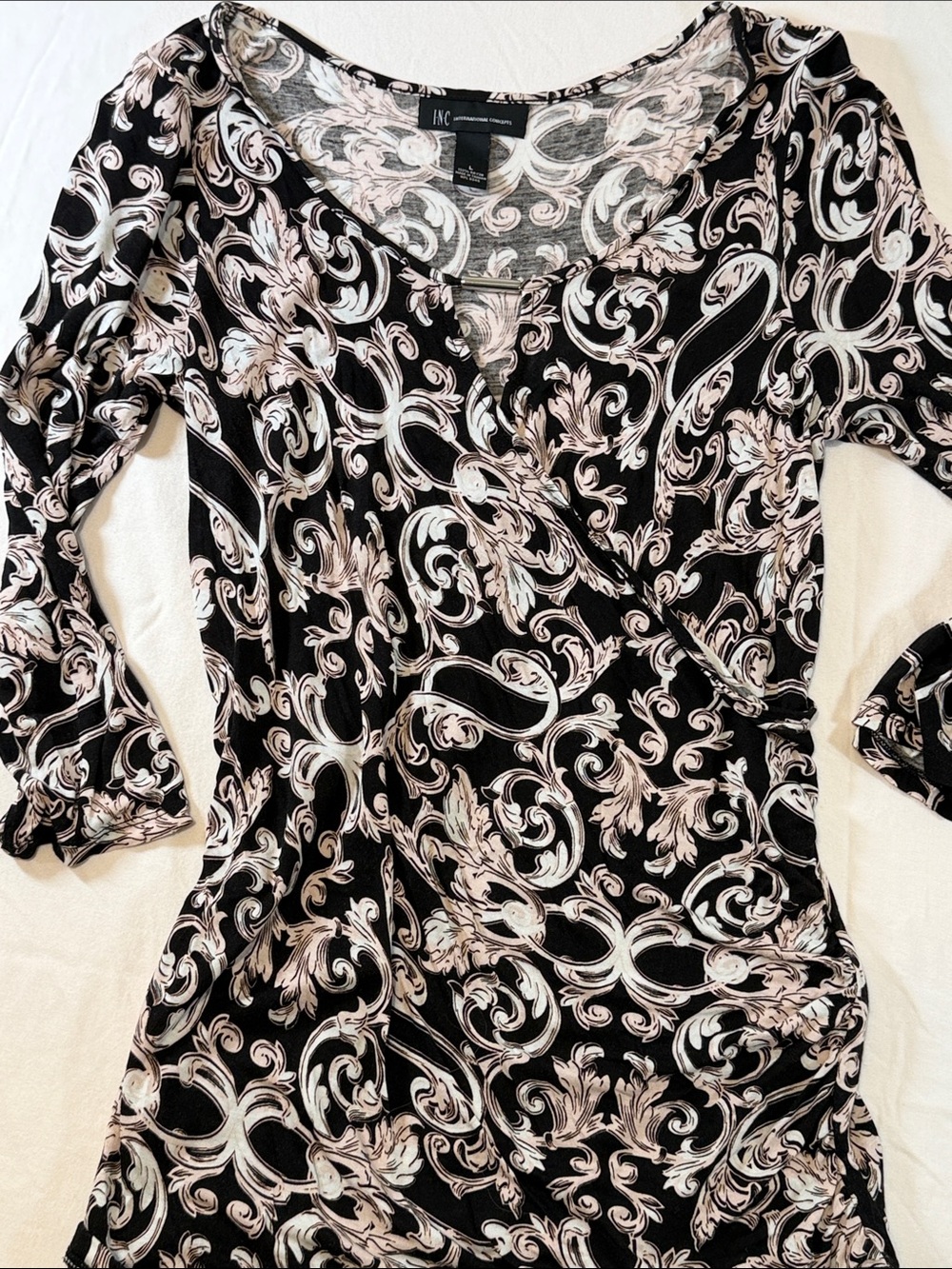 INC International Concepts Black & Cream Floral-Scroll Wrap Dress